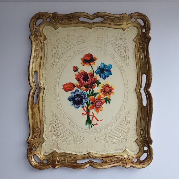MCM 70s Antiqued Floral Melamine Tray Florentine Design Gold Painted Ornate Trim - Picture 2 of 7